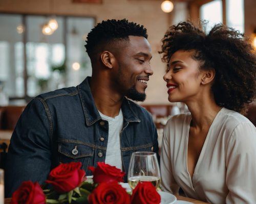 A couple shares an intimate moment at a restaurant, smiling and gazing into each other's eyes. The table is beautifully set with roses and candles, enhancing the romantic atmosphere.